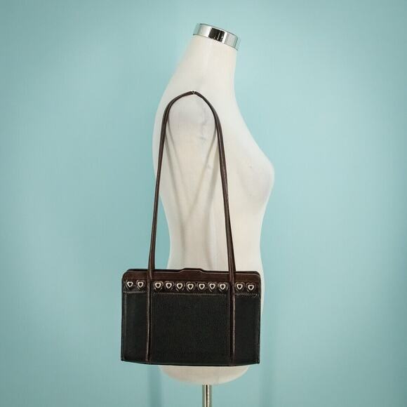 Brighton Black Leather Brown Leather Trim Silver Heart Details Zip Shoulder Bag - Picture 1 of 11